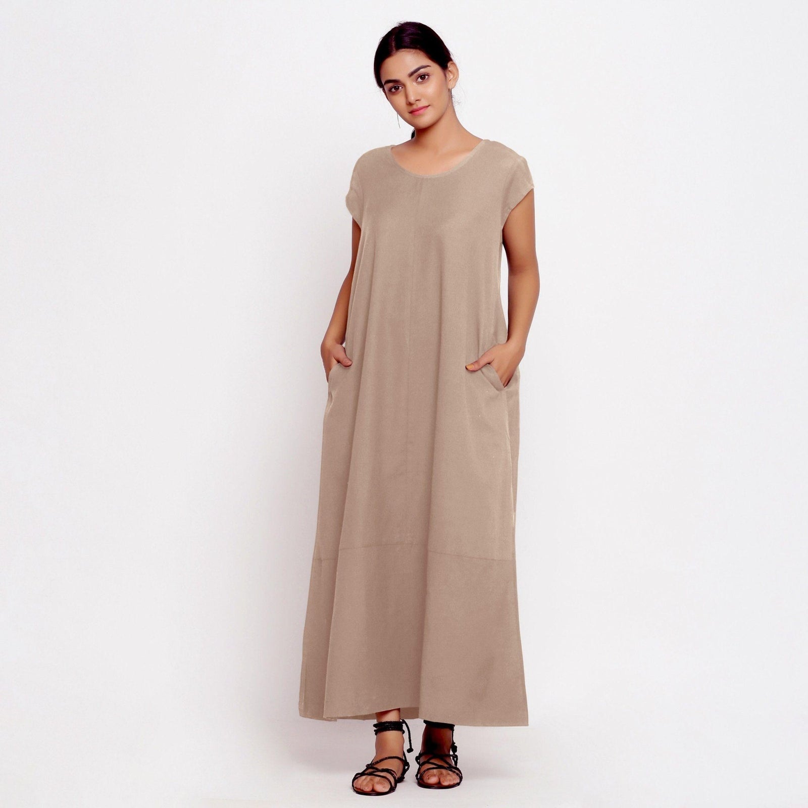Beige Cotton Flax Scoop Neck Paneled Maxi Dress 58