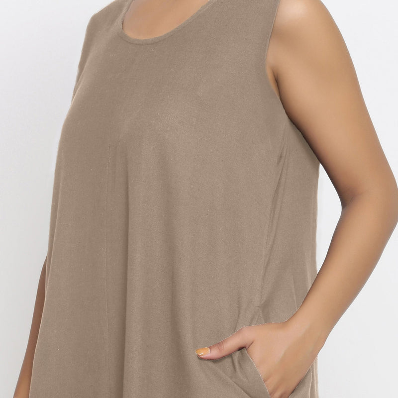 Beige Cotton Flax Scoop Neck Sleeveless Maxi Dress