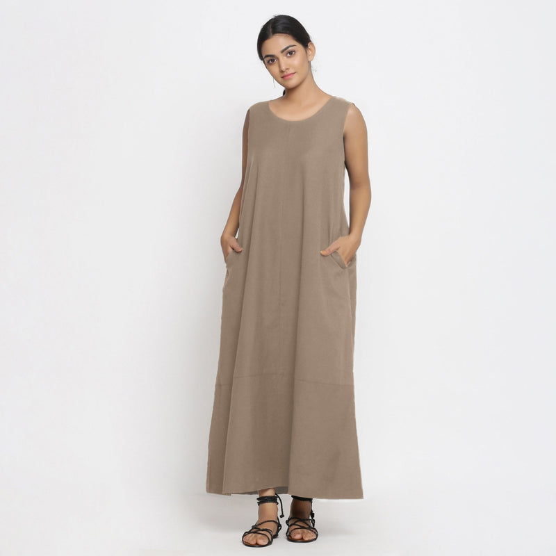 Beige Cotton Flax Scoop Neck Sleeveless Maxi Dress
