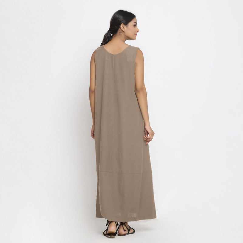 Beige Cotton Flax Scoop Neck Sleeveless Maxi Dress