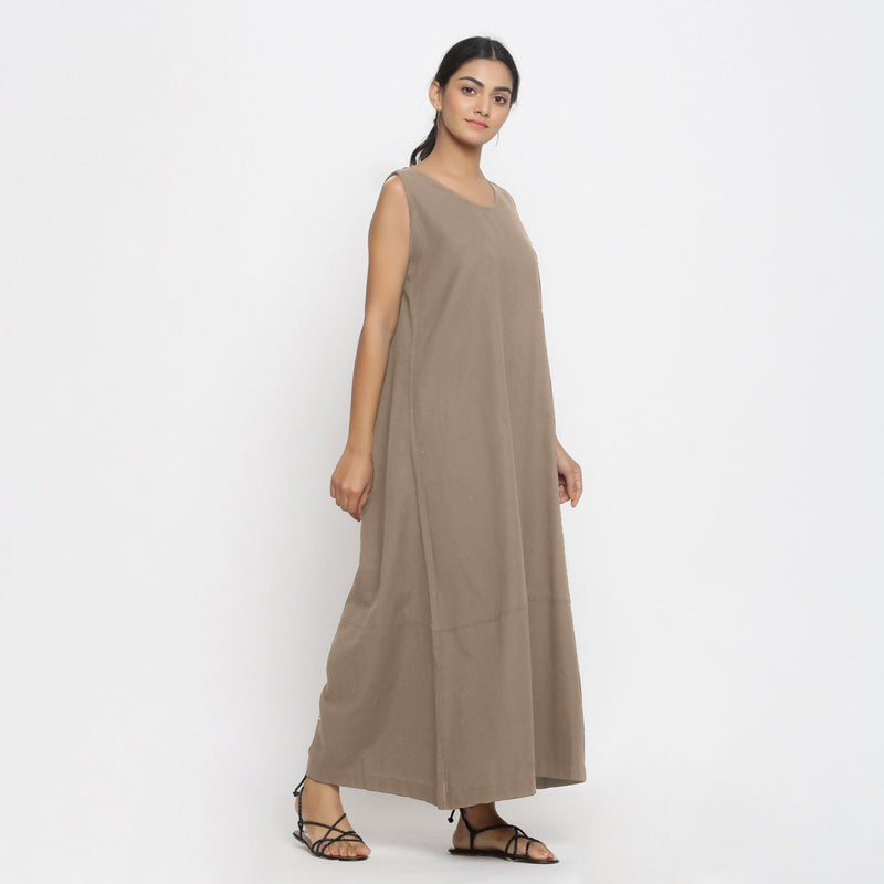 Beige Cotton Flax Scoop Neck Sleeveless Maxi Dress