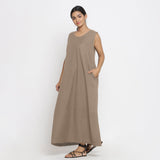 Beige Cotton Flax Scoop Neck Sleeveless Maxi Dress