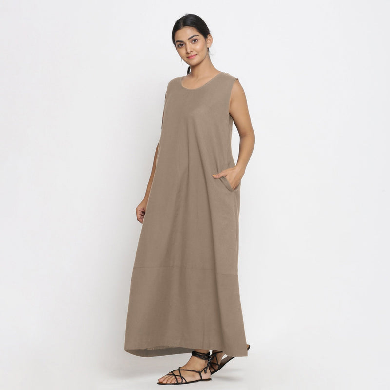 Beige Cotton Flax Scoop Neck Sleeveless Maxi Dress