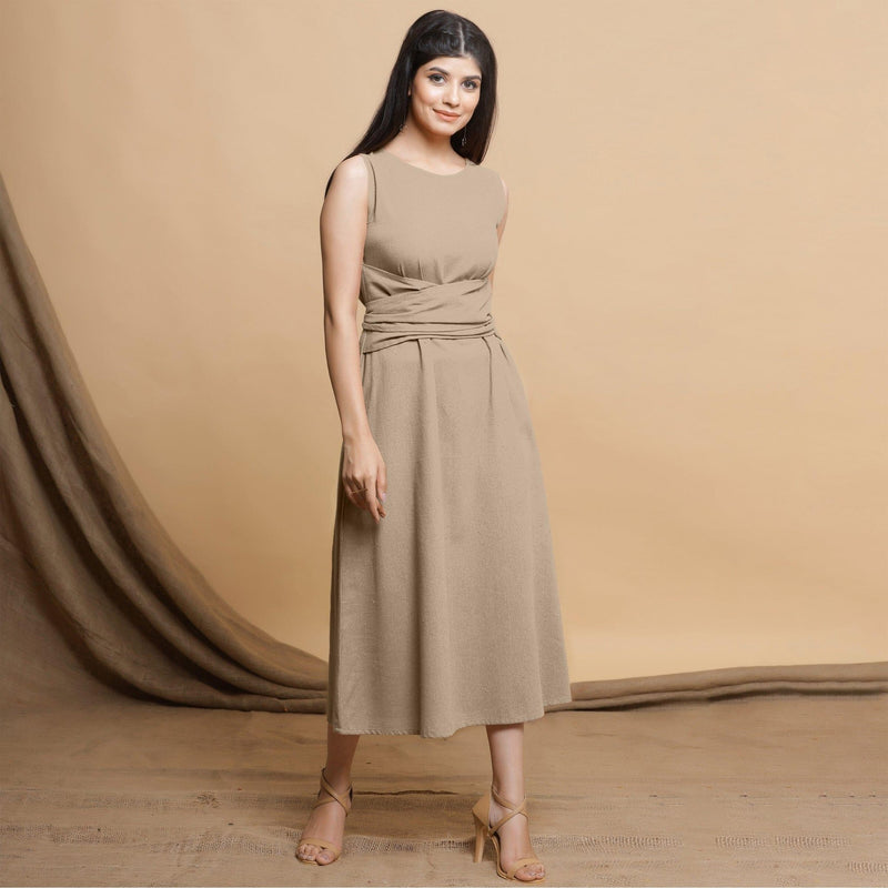 Beige Cotton Flax Sleeveless A-Line Midi Dress 60 Beige Cotton Flax Sleeveless A-Line Midi Dress 60