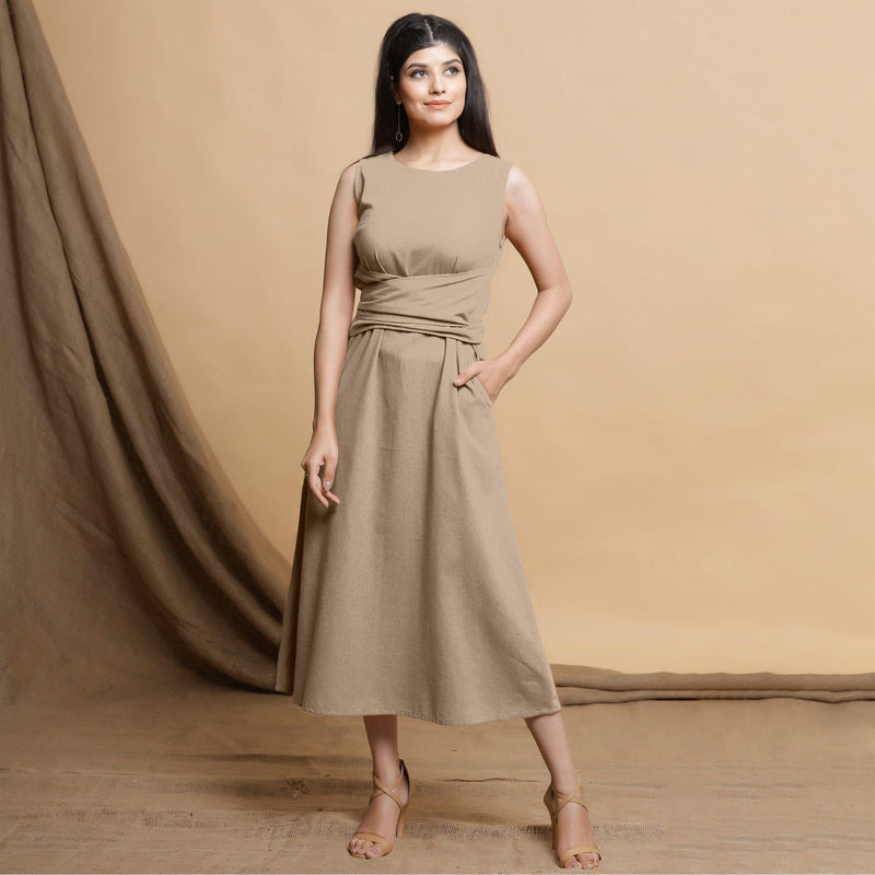 Beige Cotton Flax Sleeveless A-Line Midi Dress