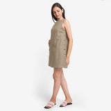 Left View of a Model wearing Beige Cotton Flax Kangaroo Pocket Dress