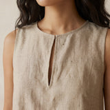 Beige Cotton Flax Sleeveless A-Line Short Shift Dress