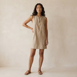 Beige Cotton Flax Sleeveless A-Line Short Shift Dress