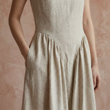 Beige Cotton Flax Sleeveless Paneled Maxi Dress