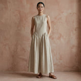 Beige Cotton Flax Sleeveless Paneled Maxi Dress