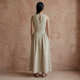 Beige Cotton Flax Sleeveless Paneled Maxi Dress