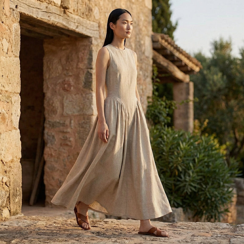 beige cotton maxi dress Beige Cotton Flax Sleeveless Paneled Maxi Dress 44