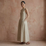 Beige Cotton Flax Sleeveless Paneled Maxi Dress