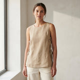 Beige Cotton Flax Sleeveless Side-Tie Long Top