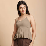 Beige Cotton Flax Slim Fit Pleated Camisole Top