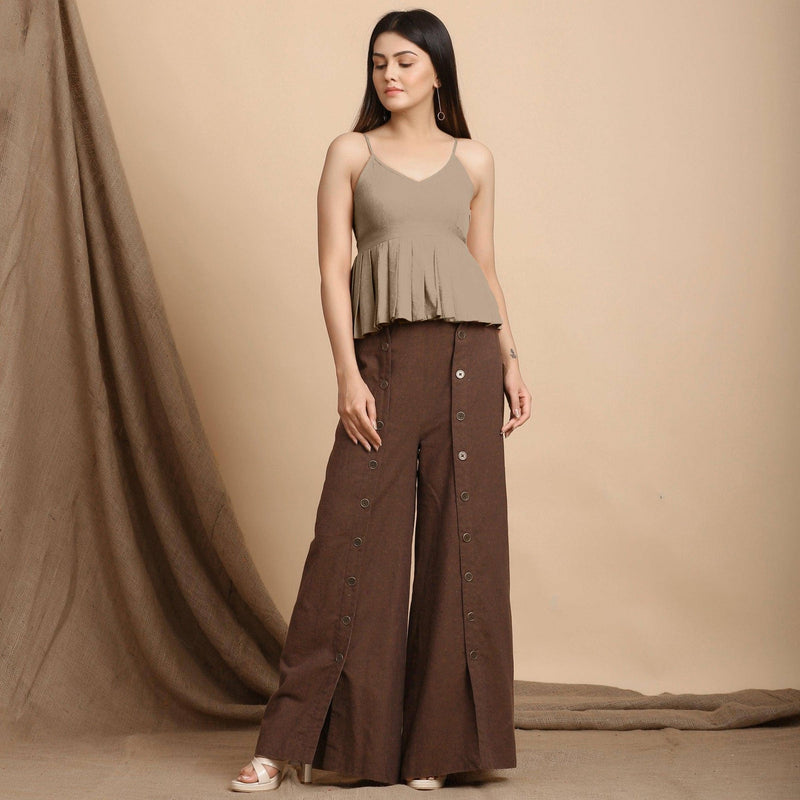 Beige Cotton Flax Slim Fit Pleated Camisole Top