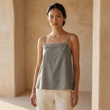 Beige Cotton Flax Spaghetti Strap Top with Elastic Gathered Back