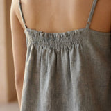 Beige Cotton Flax Spaghetti Strap Top with Elastic Gathered Back