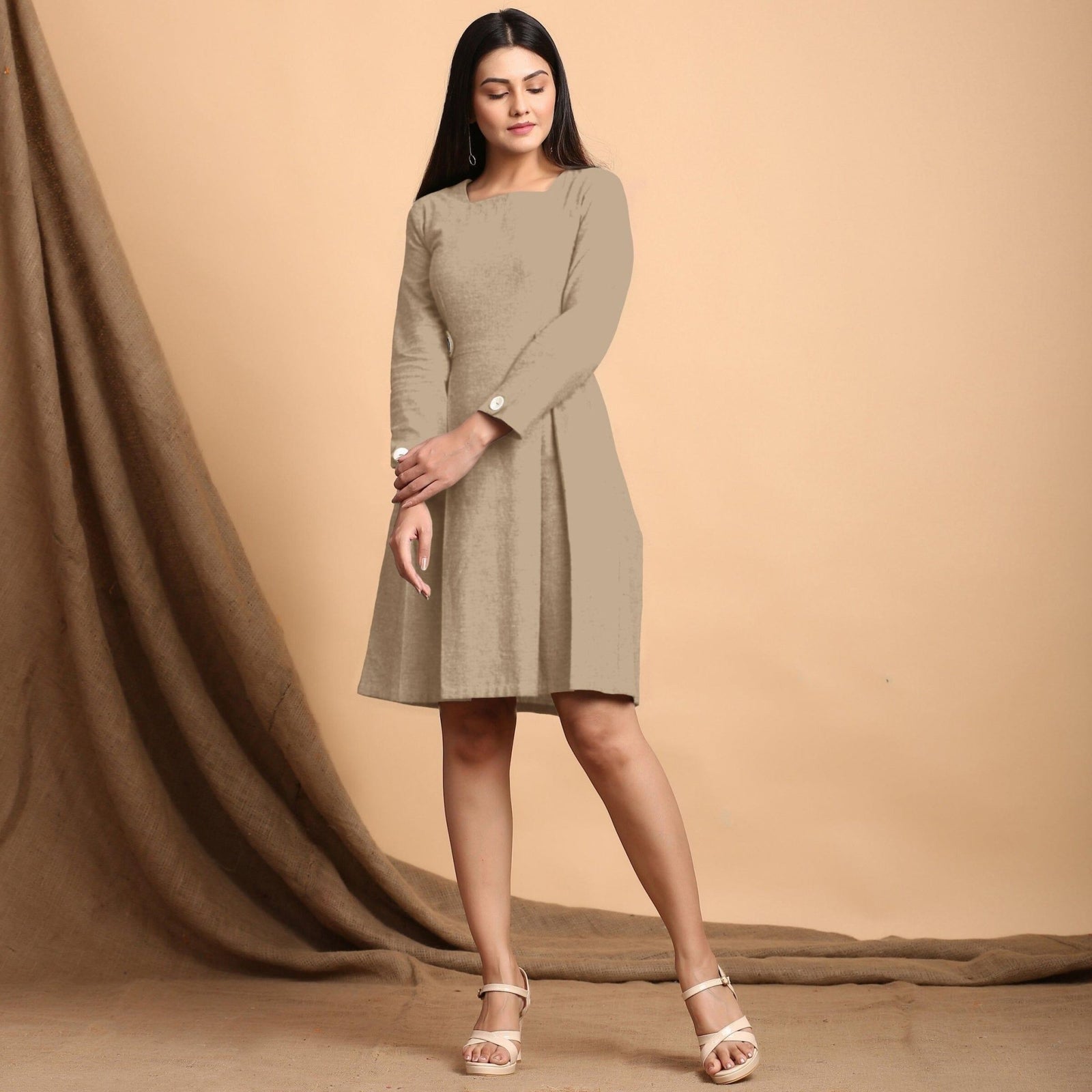Beige Cotton Flax Square Neck Pleated Short Dress 68