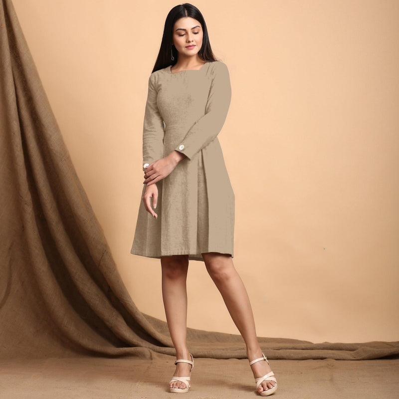 Beige Cotton Flax Square Neck Pleated Short Dress 68" / Petite (5'1" and below) Beige Cotton Flax Square Neck Pleated Short Dress 68" / Petite (5'1" and below)