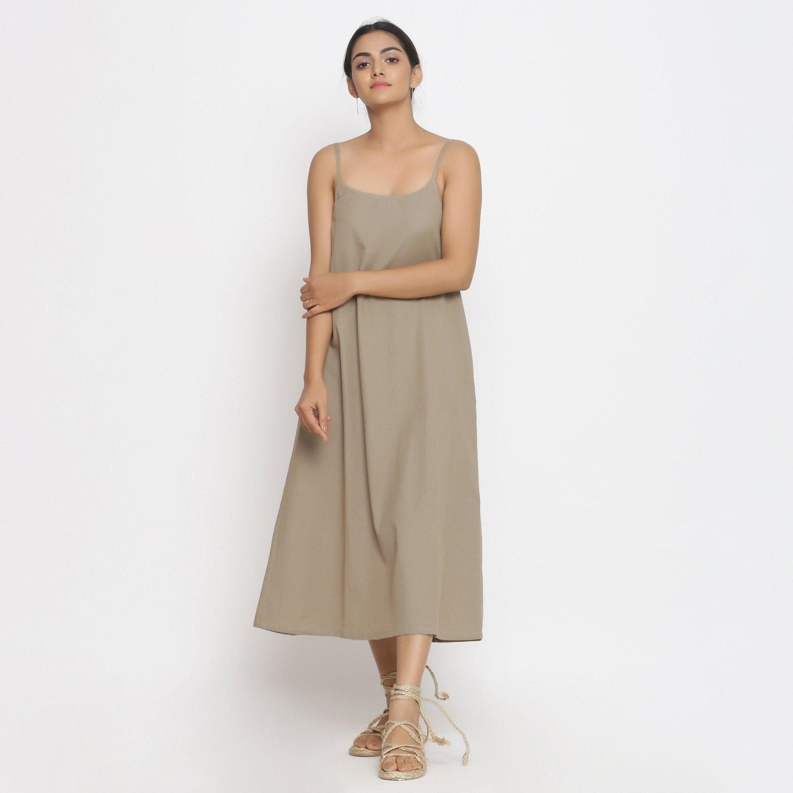 Beige Cotton Flax Strappy A-Line Midi Dress 40