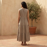 Beige Cotton Flax V-Neck Maxi Tier Dress