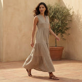 Beige Cotton Flax V-Neck Maxi Tier Dress