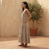 Beige Cotton Flax V-Neck Maxi Tier Dress