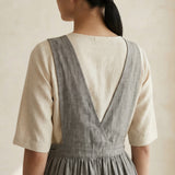 Beige Cotton Flax V-Neck Pinafore Midi Wrap Dress