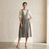 Beige Cotton Flax V-Neck Pinafore Midi Wrap Dress