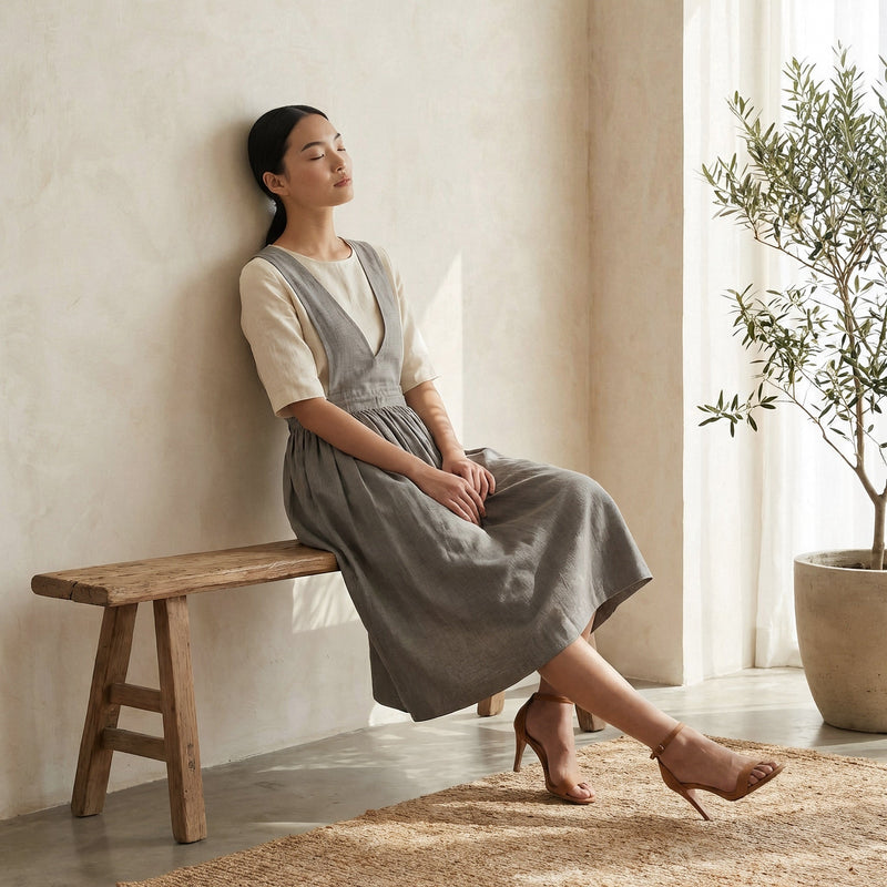 Buy Beige Cotton Flax V-Neck Pinafore Midi Wrap Dress Online at  SeamsFriendly