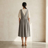 Beige Cotton Flax V-Neck Pinafore Midi Wrap Dress