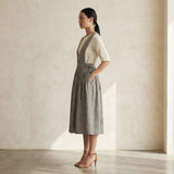 Beige Cotton Flax V-Neck Pinafore Midi Wrap Dress