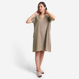 Front View of a Model wearing Brown Cotton Flax V-Neck Tunic