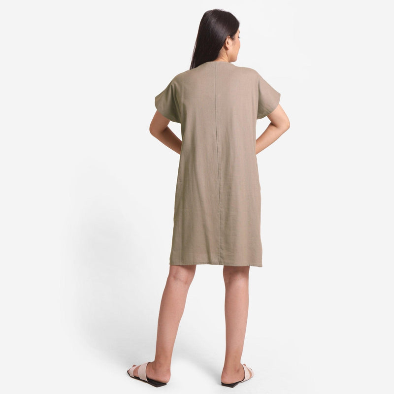 Back View of a Model wearing Brown Cotton Flax V-Neck Tunic