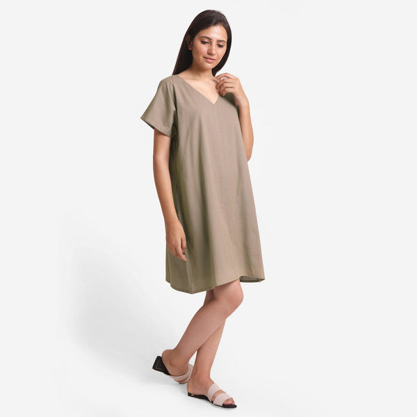 Right View of a Model wearing Brown Cotton Flax V-Neck Tunic