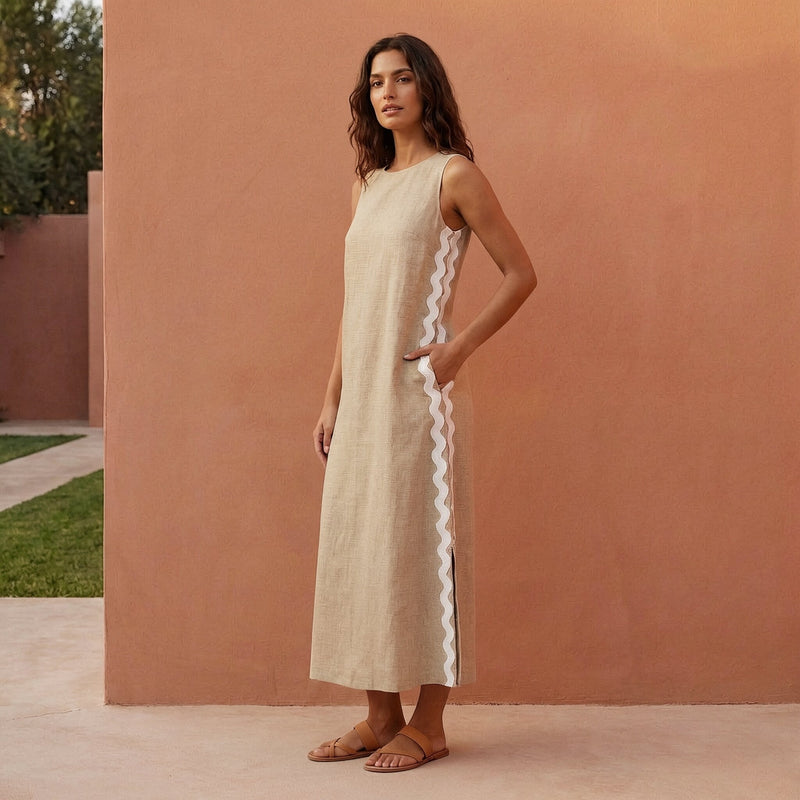 Beige Cotton Flax Wavy Stripe Maxi Shift Dress 48