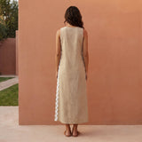 Beige Cotton Flax Wavy Stripe Maxi Shift Dress
