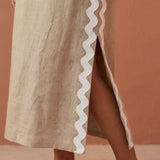 Beige Cotton Flax Wavy Stripe Maxi Shift Dress