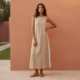 Beige Cotton Flax Wavy Stripe Maxi Shift Dress