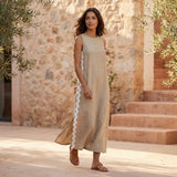 Beige Cotton Flax Wavy Stripe Maxi Shift Dress