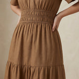 Beige Cotton Flutter Sleeve Tie-Back Tiered Midi Dress