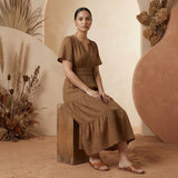 Beige Cotton Flutter Sleeve Tie-Back Tiered Midi Dress