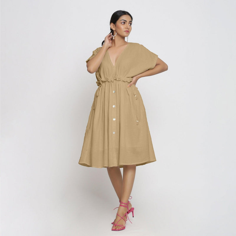 Beige Cotton Knee Length Bohemian Frilled Dress 62" / Regular (5'2" - 5'6") Beige Cotton Knee Length Bohemian Frilled Dress 62" / Regular (5'2" - 5'6")