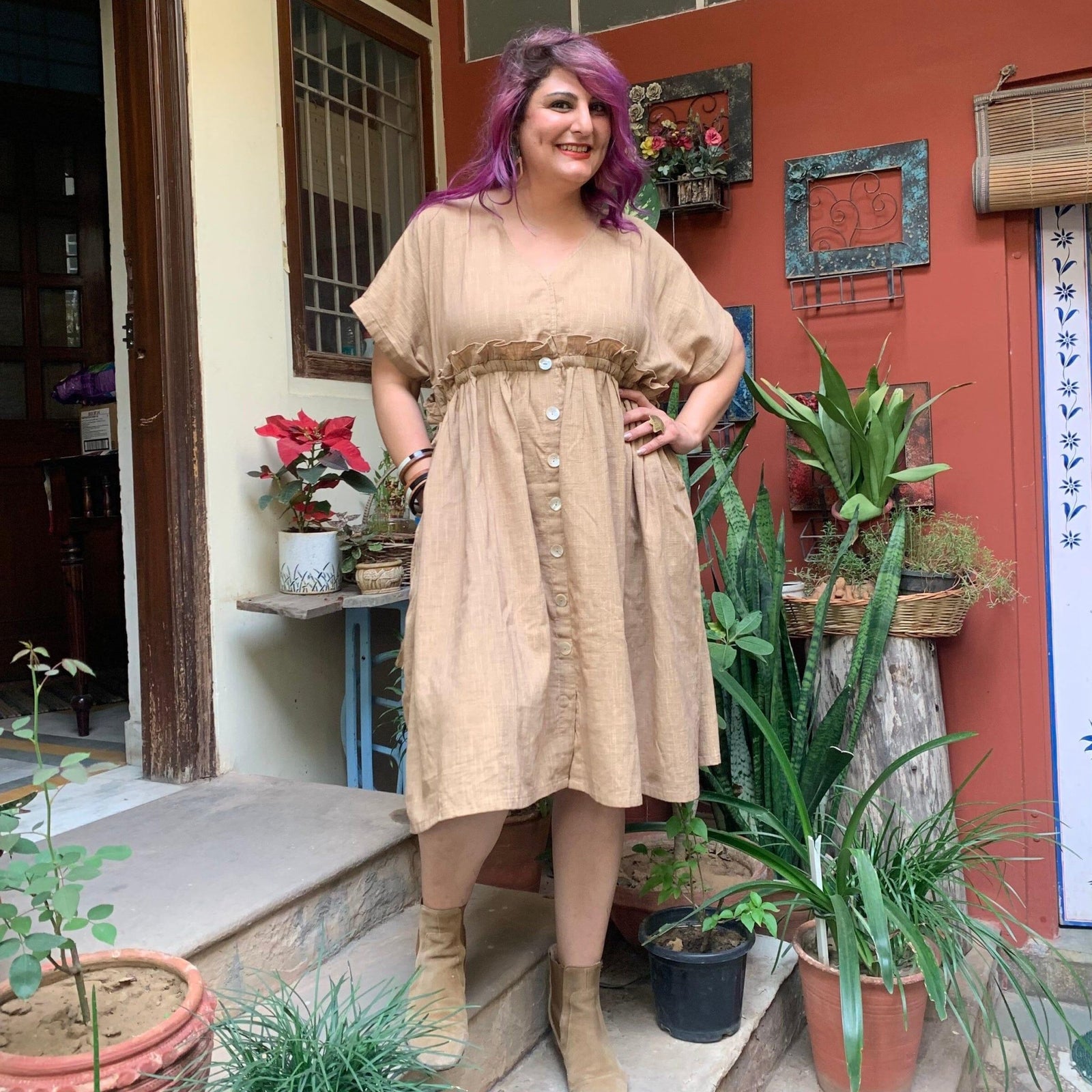 Beige Cotton Knee Length Bohemian Frilled Dress 62