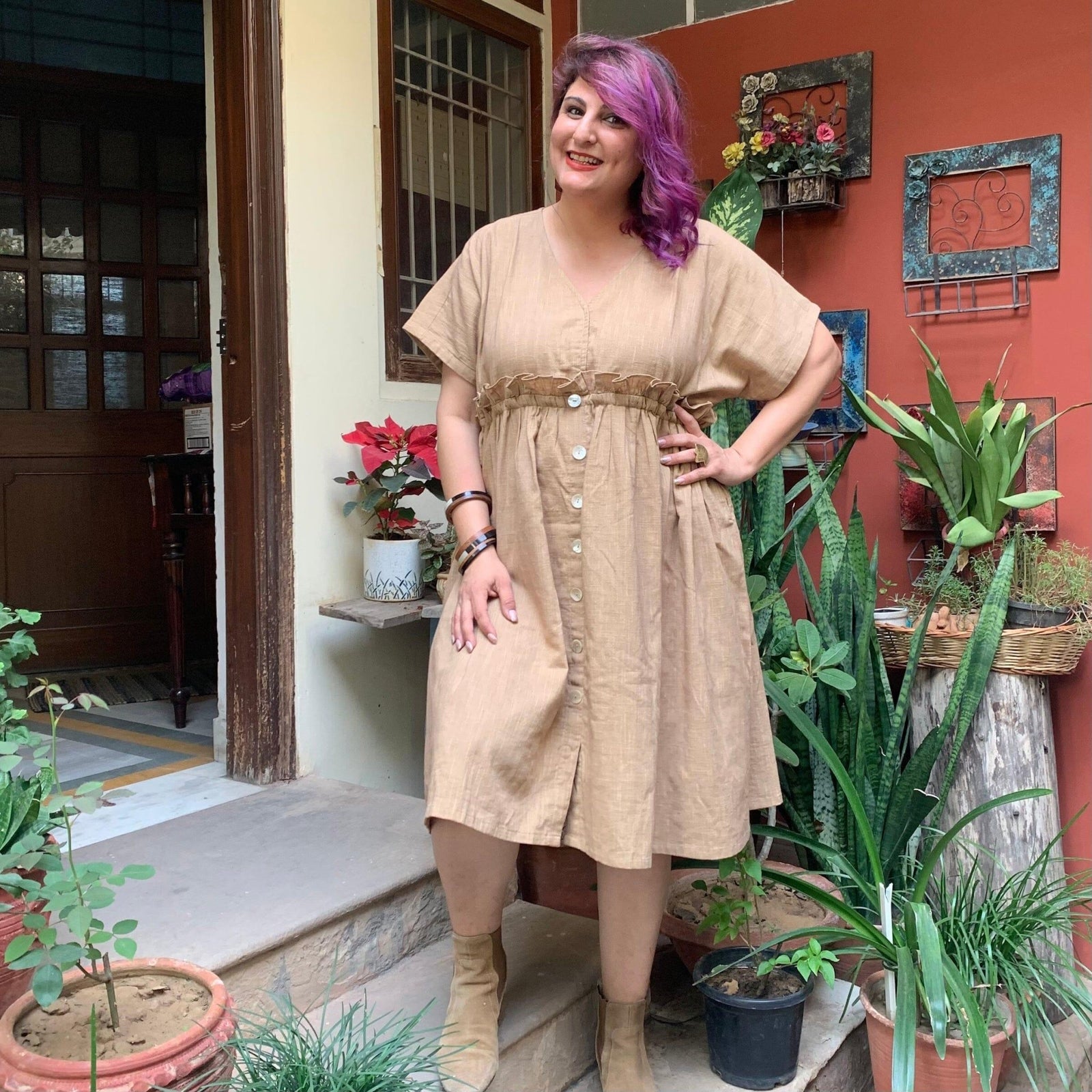 Beige Cotton Knee Length Bohemian Frilled Dress 52