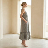 Beige Cotton-Linen A-Line V-Neck Sleeveless Maxi Tier Dress