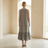 Beige Cotton-Linen A-Line V-Neck Sleeveless Maxi Tier Dress