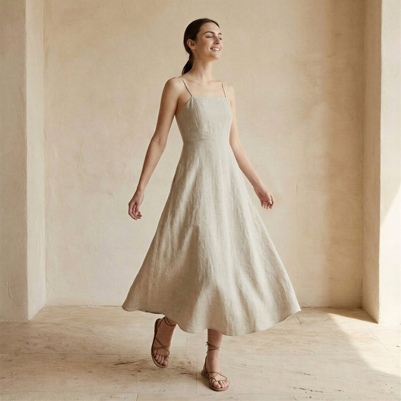 Beige Cotton Linen Ankle Length Flared Sundress