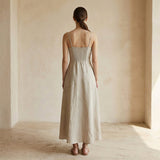 Beige Cotton Linen Ankle Length Flared Sundress